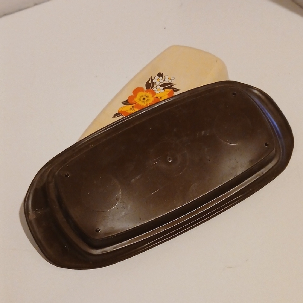 Vintage 70s Sterlite Tablemate Cream and Brown Floral Butter Dish - Picture 3 of 4